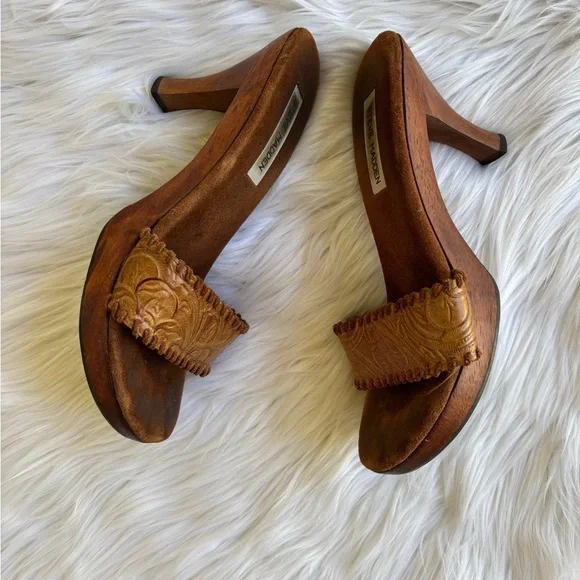 Steve Madden Donna Leather Slide Sandals Brown Wood Heel Boho Mules Size 8.5 - Picture 3 of 7